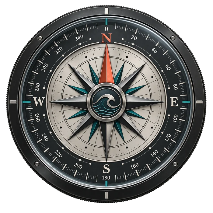 PureSurfers nautical compass with a coral north pointer, black and silver dial, and a wave at its center.